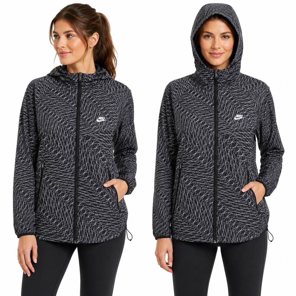Nike Jacket Womans M Windrunner Black White Geometric‎ Grid Full Zip Hooded